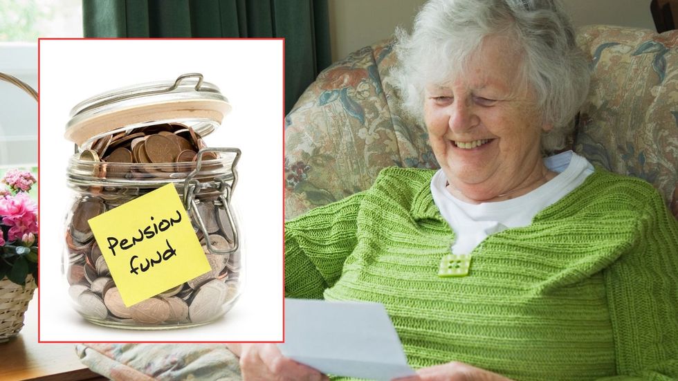 Older woman looking at letter and pension fund in pot