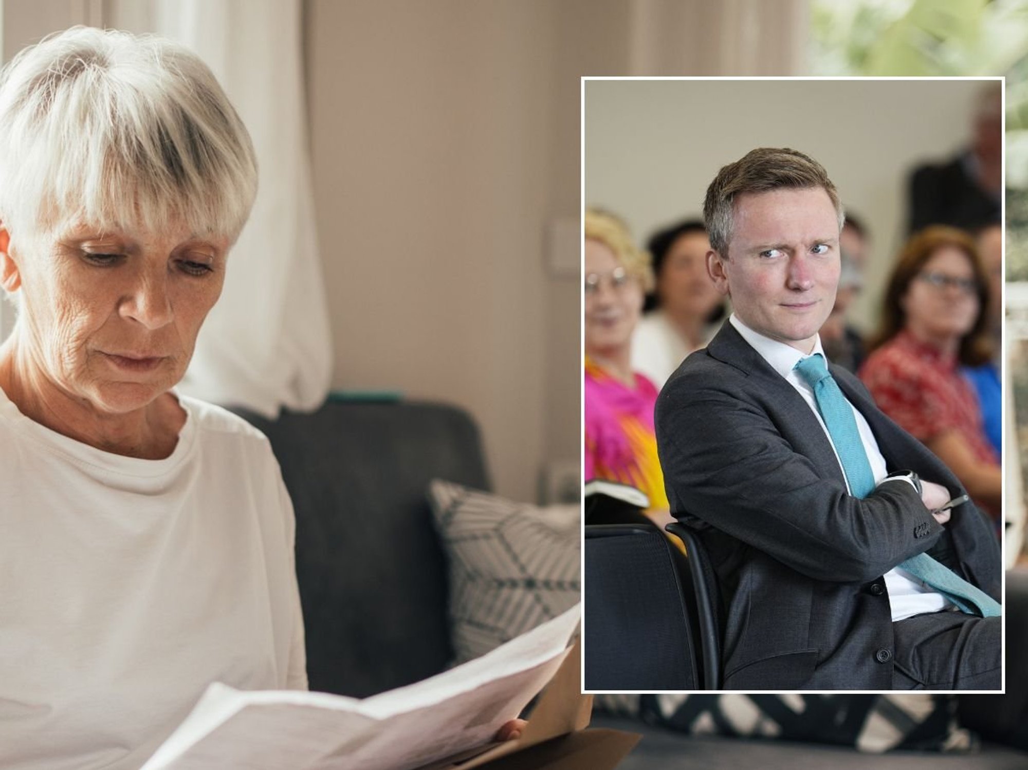 Older woman looking at letter and Torsten Bell