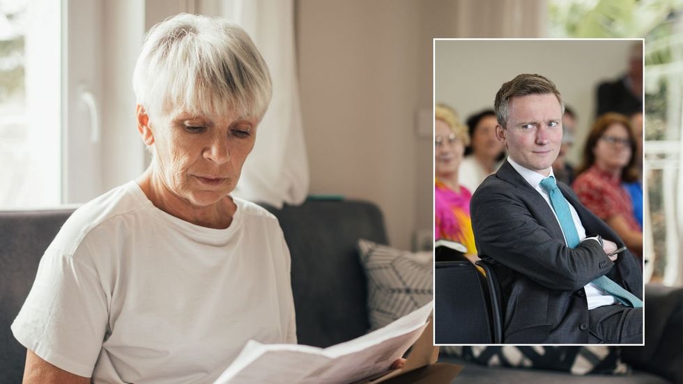 Older woman looking at letter and Torsten Bell