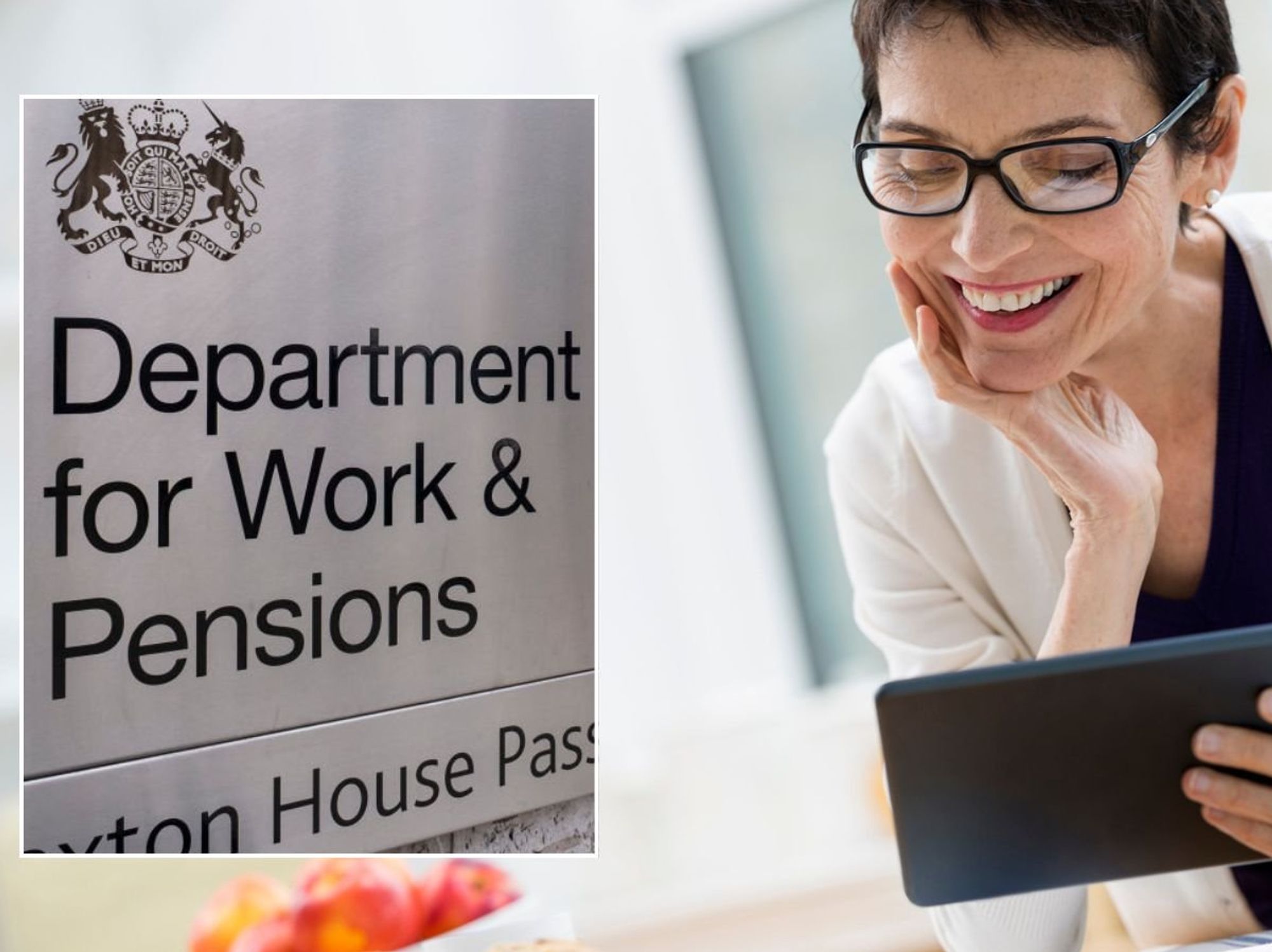 Older woman looking happy and DWP sign