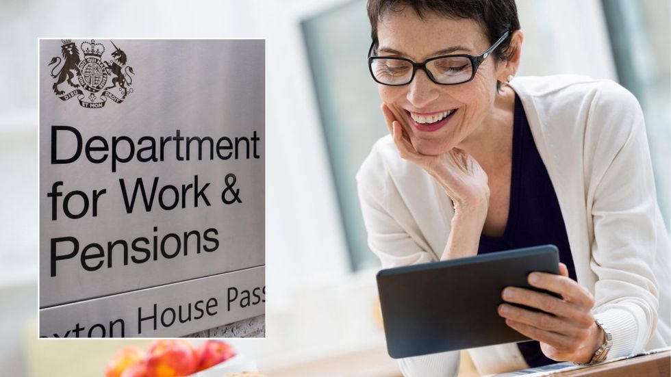 Older woman looking happy and DWP sign