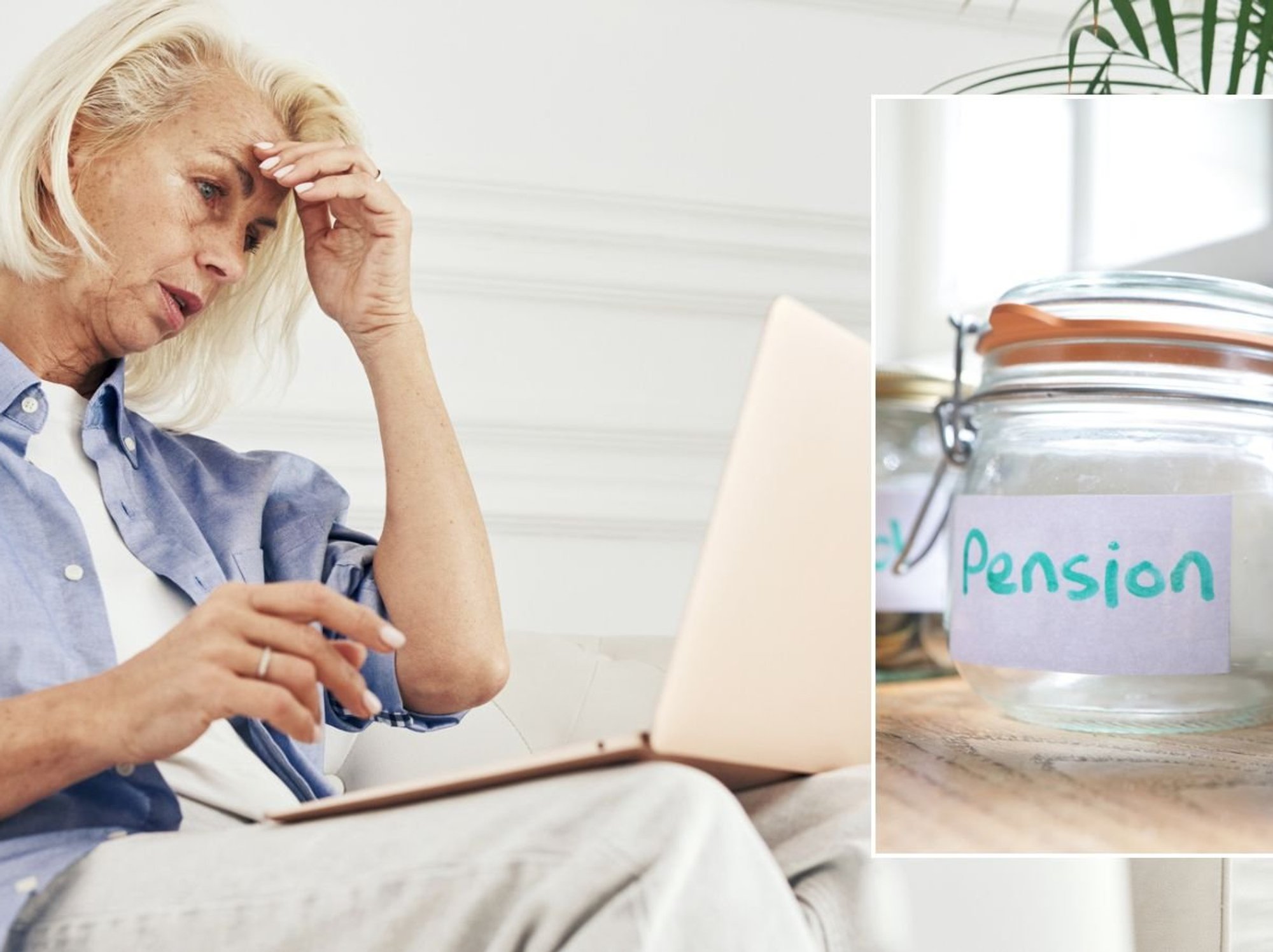 Older woman looking shocked and pension pot