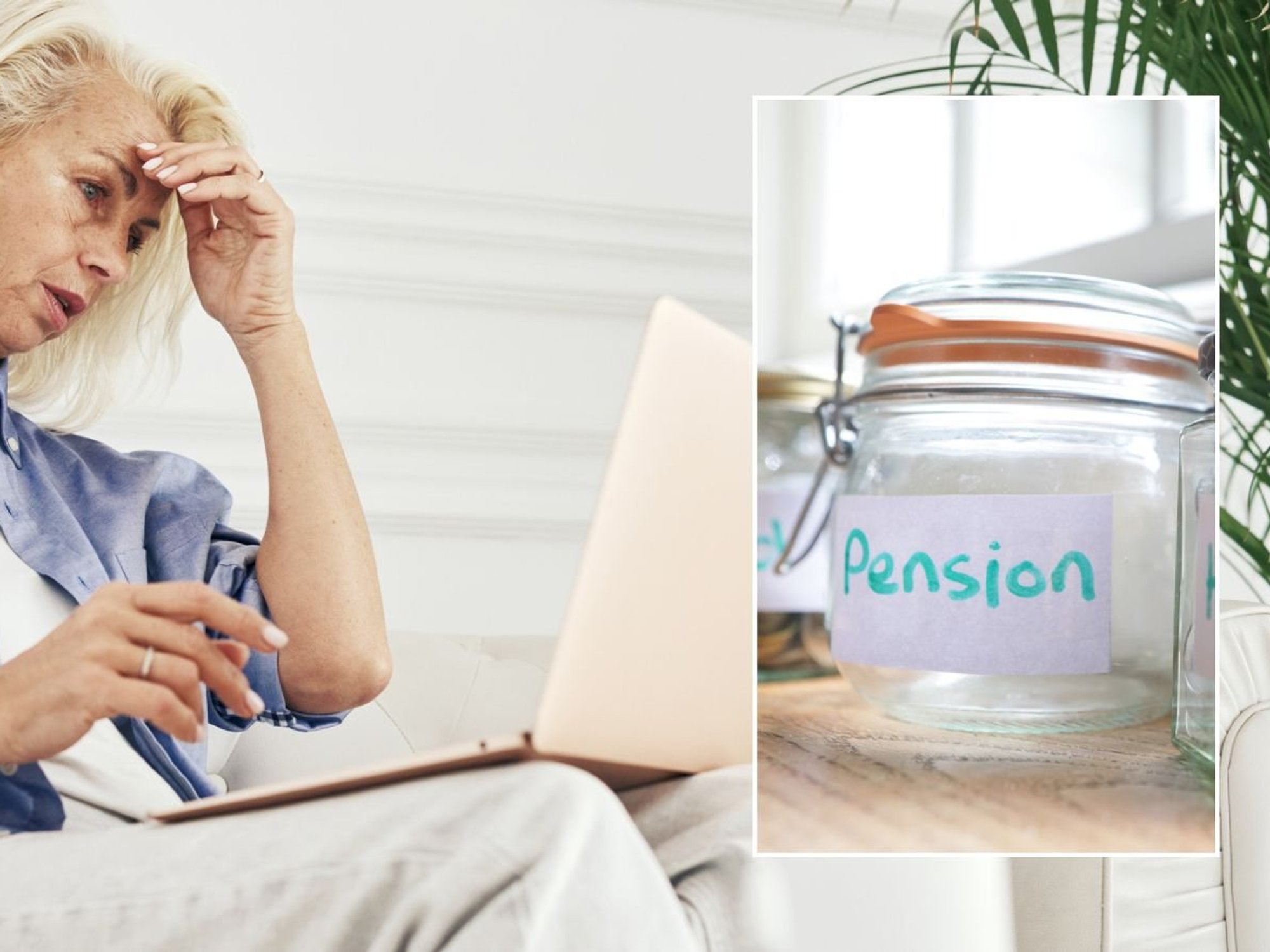 Older woman looking shocked and pension pot