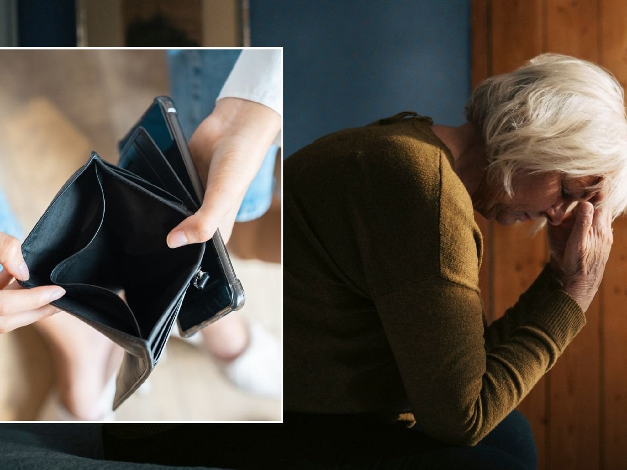 Older woman looking upset and empty purse