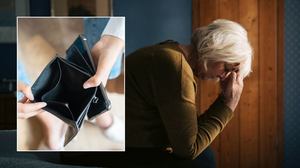 Older woman looking upset and empty purse