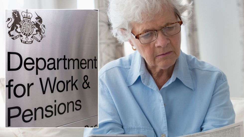 Older woman looking worried and DWP sign