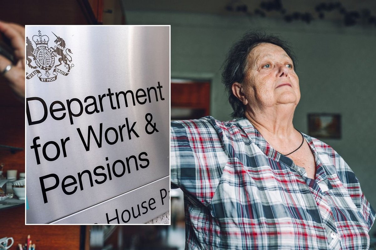Older woman looking worried and DWP sign