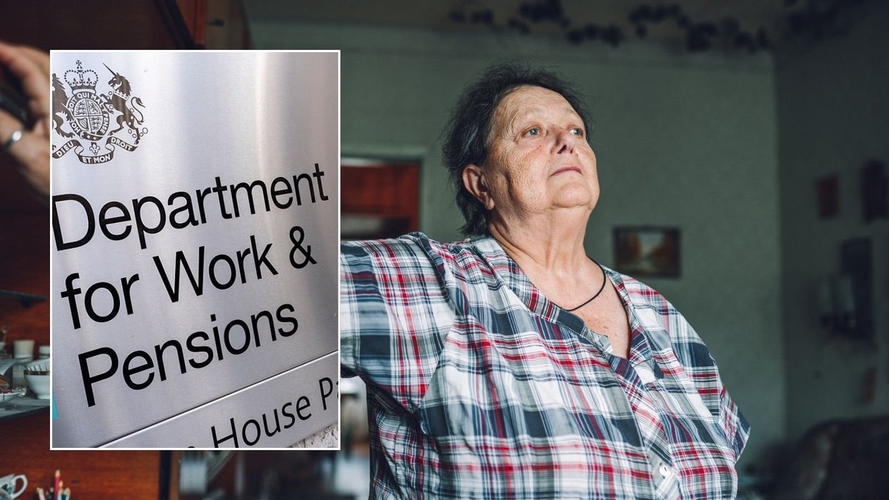 Older woman looking worried and DWP sign