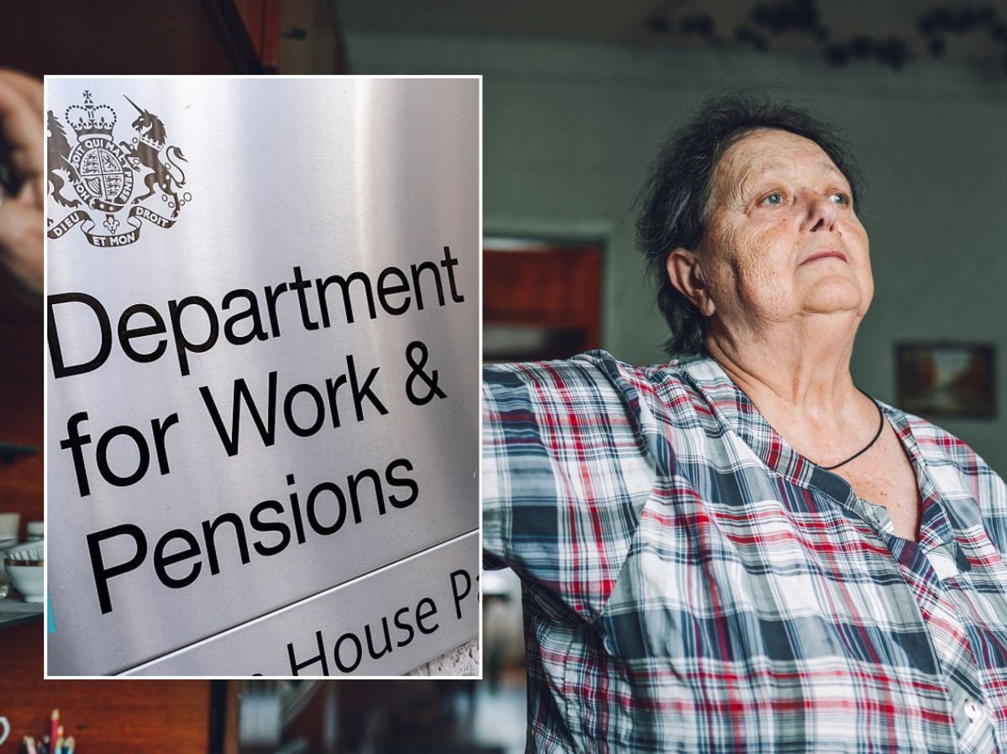 Older woman looking worried and DWP sign