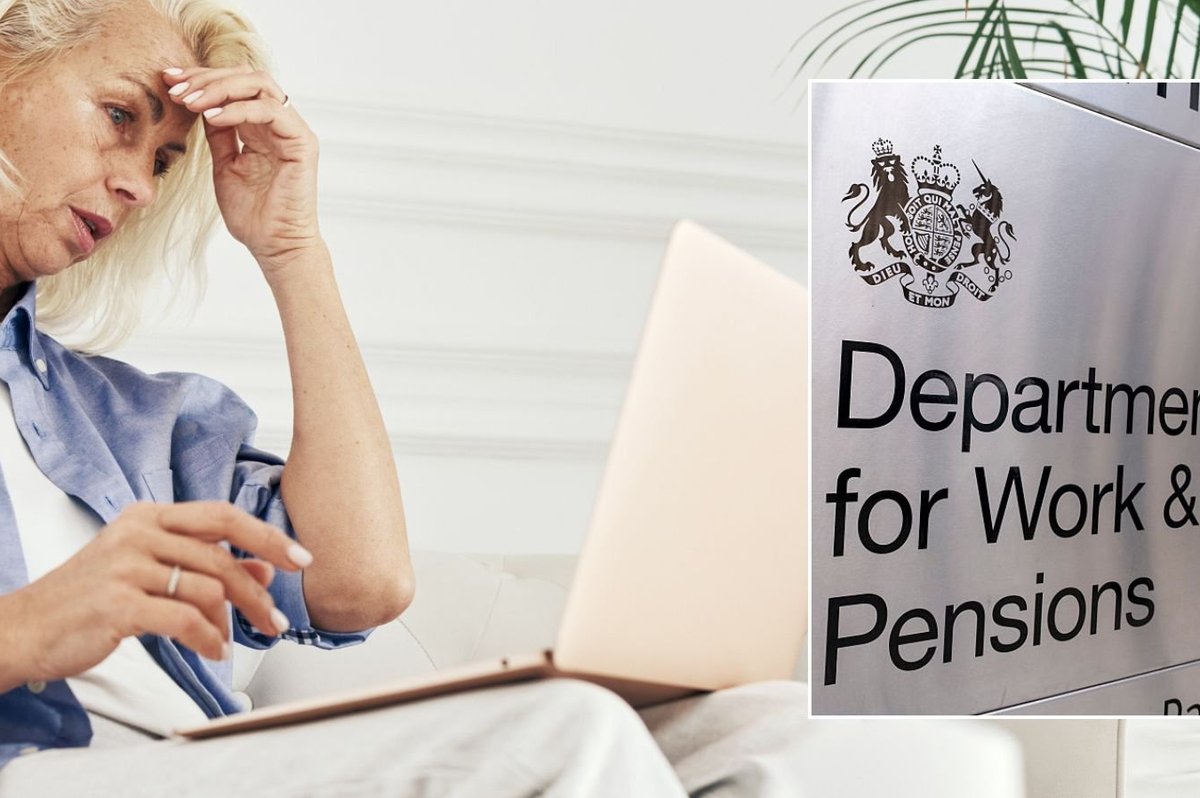 Older woman on laptop and DWP sign
