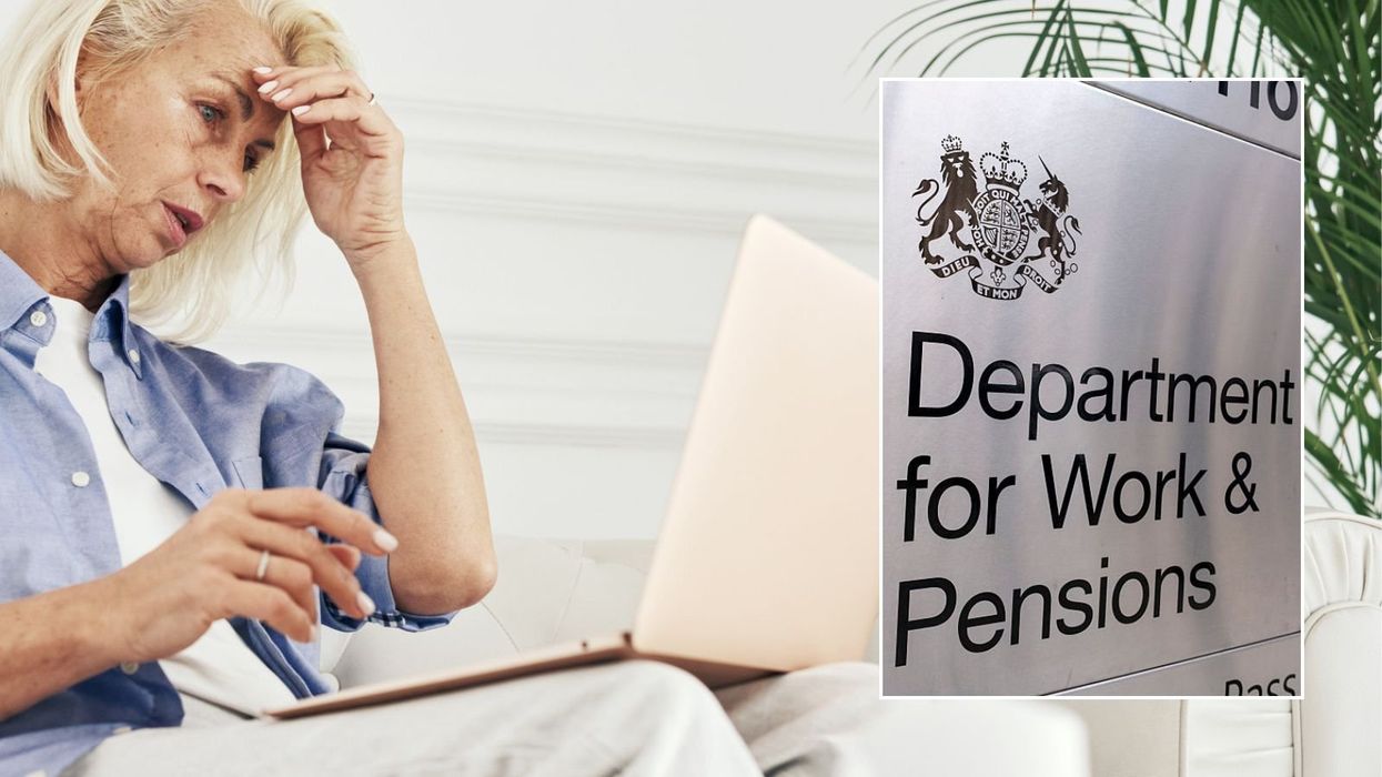 Older woman on laptop and DWP sign