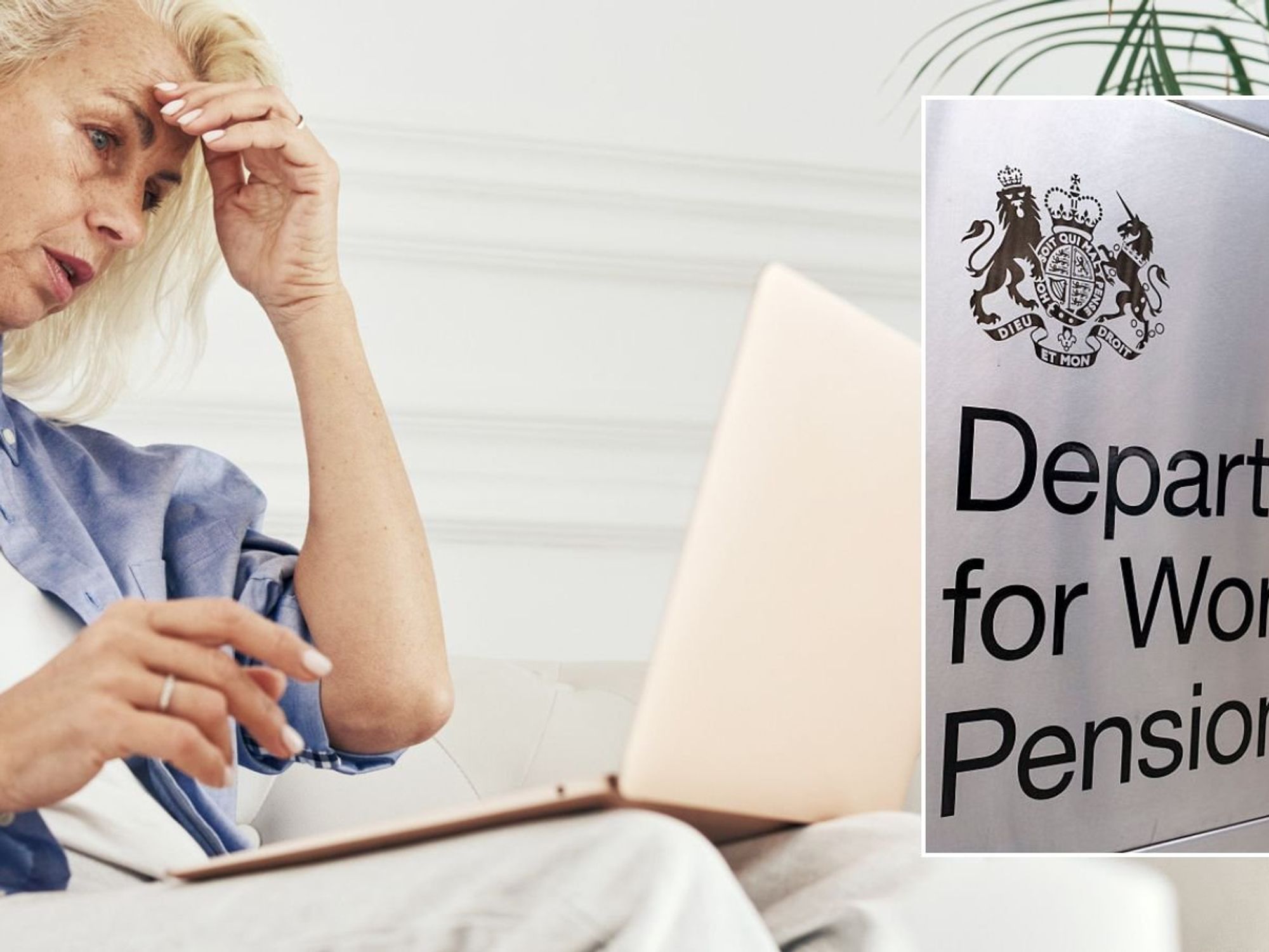 Older woman on laptop and DWP sign