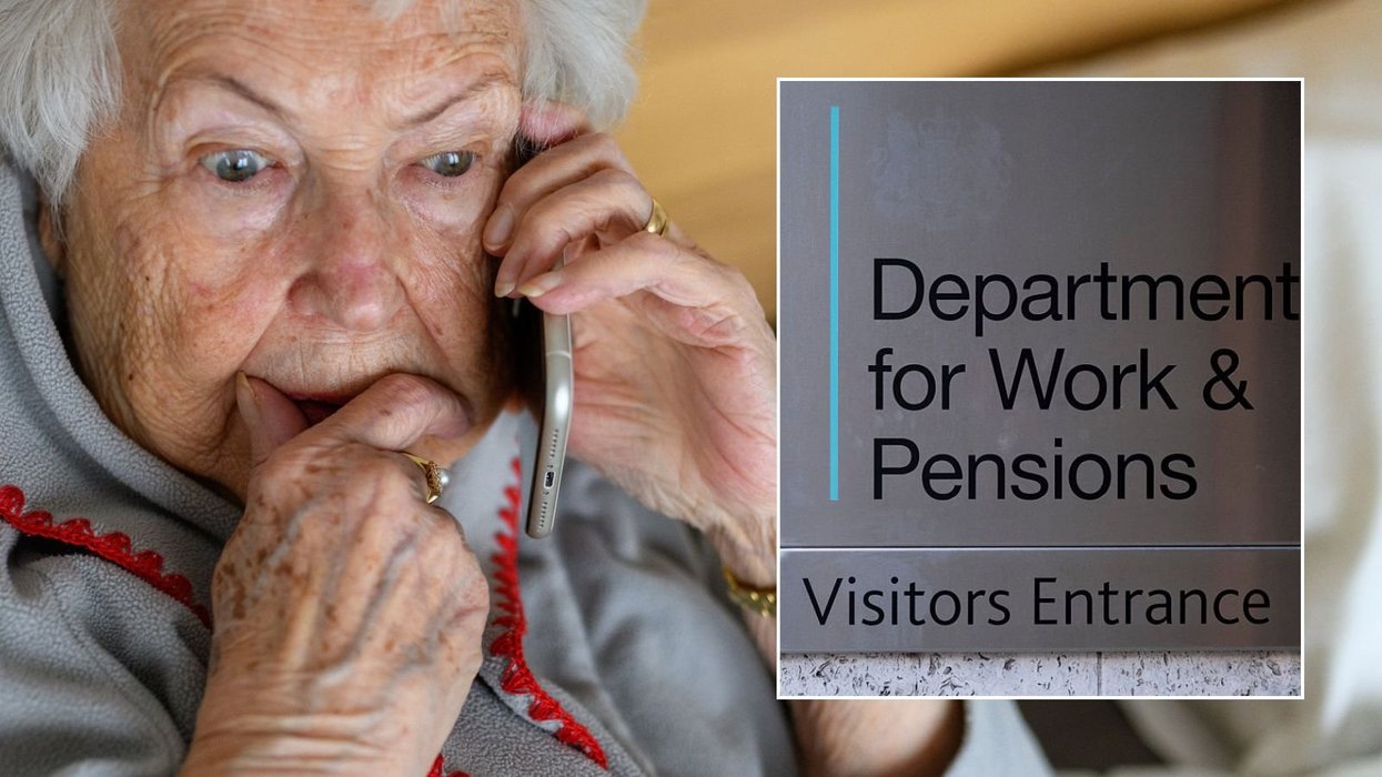 Older woman on phone and DWP sign