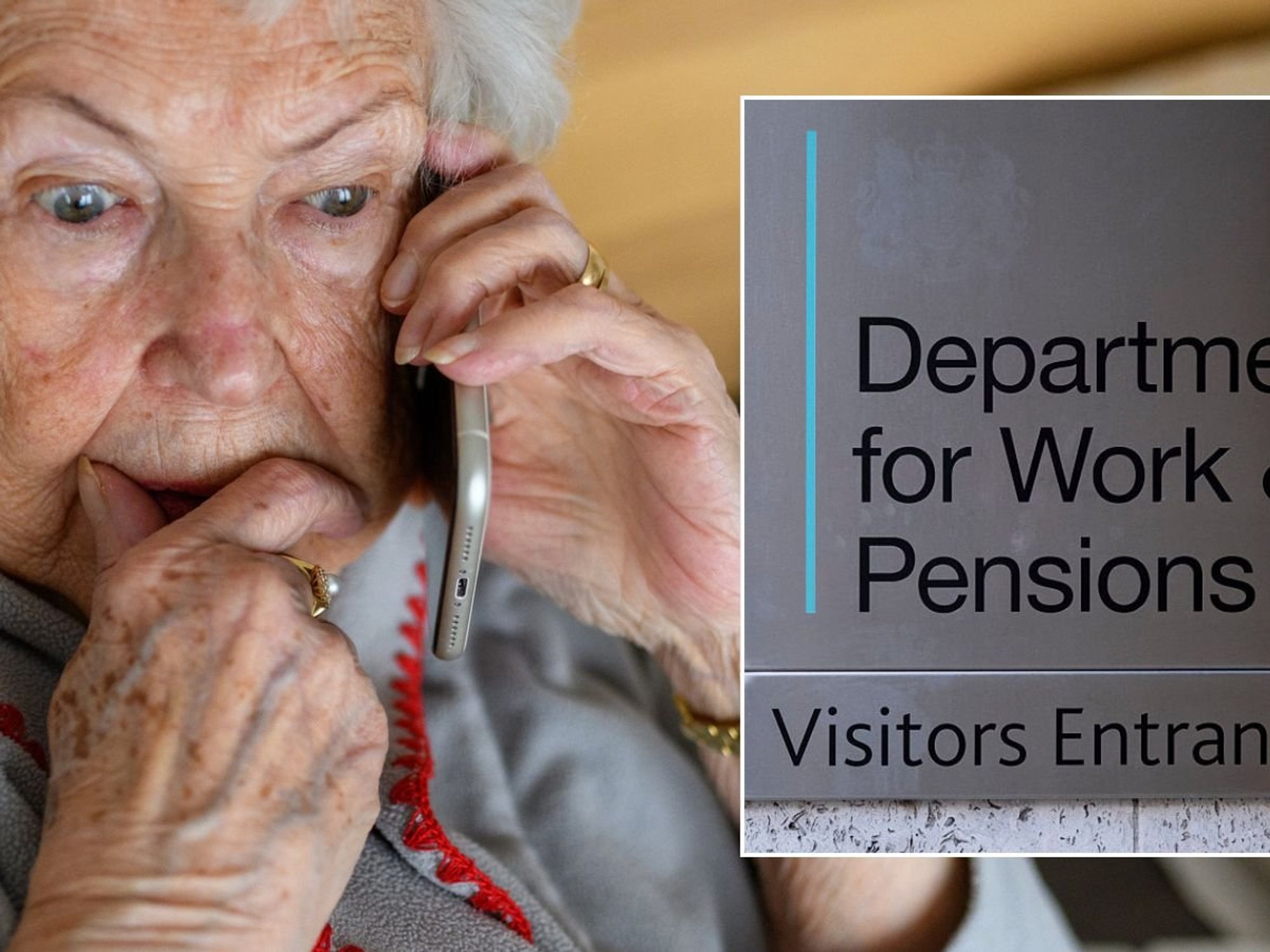 Older woman on phone and DWP sign