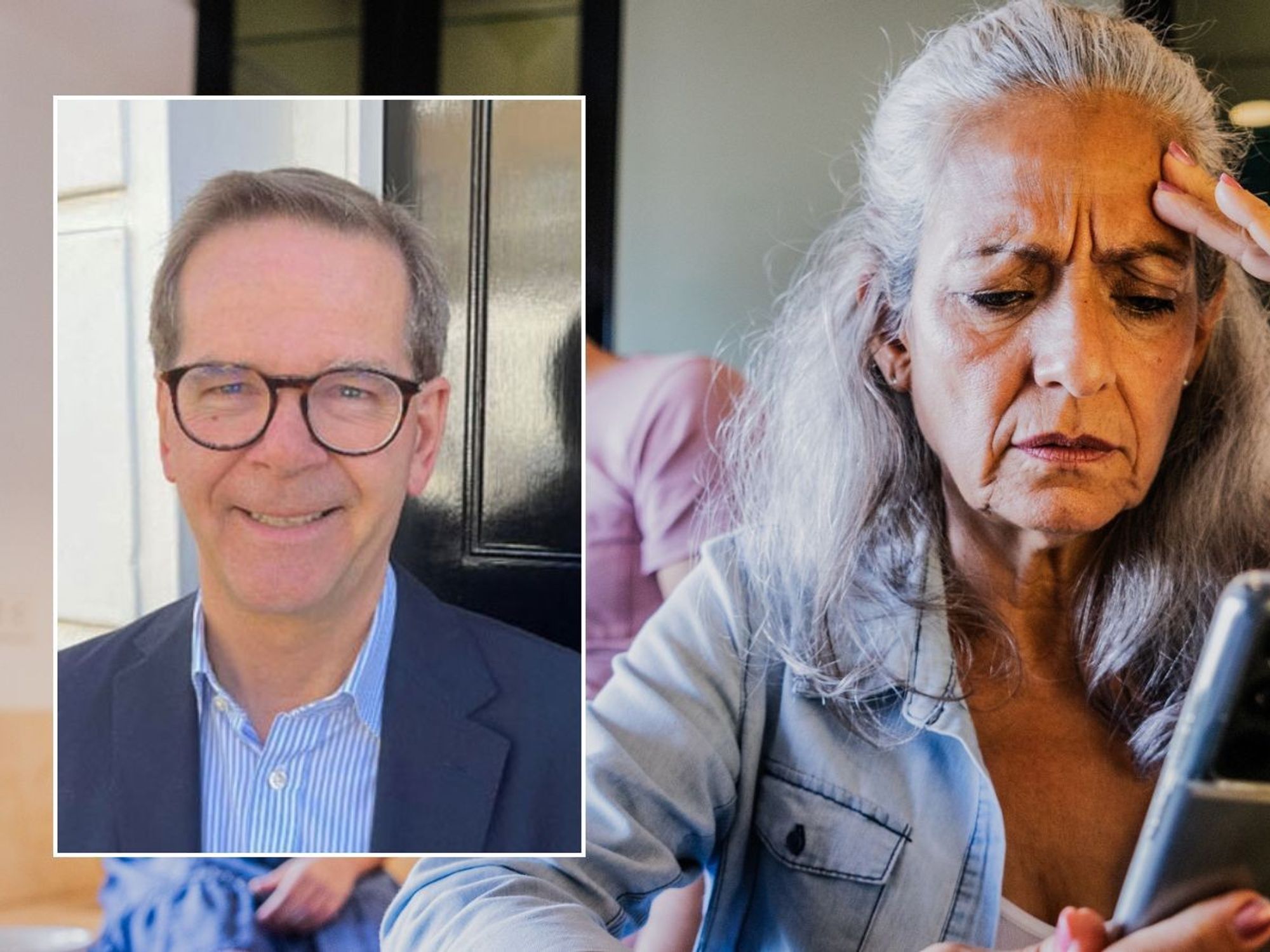 Older woman on phone and Neil Record