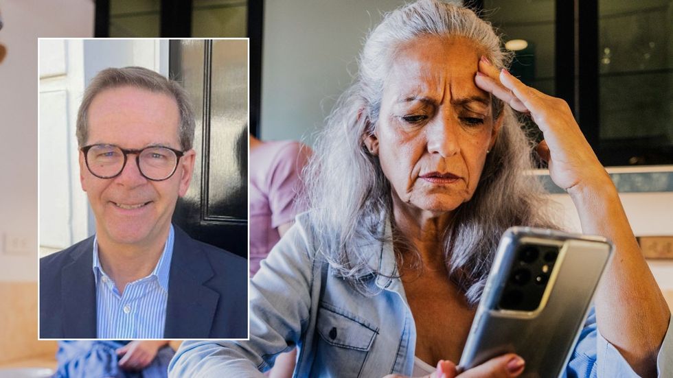 Older woman on phone and Neil Record