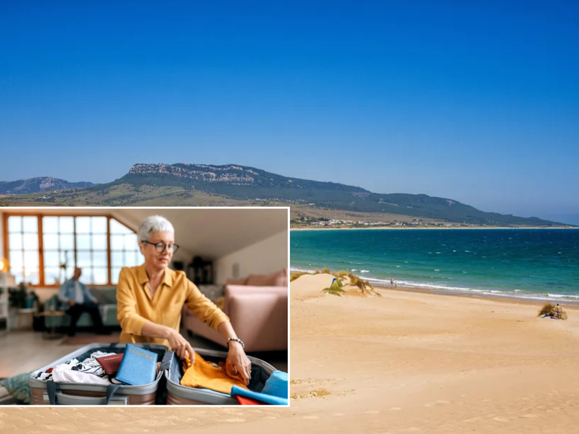 Older woman packing suitcase / Bolonia beach