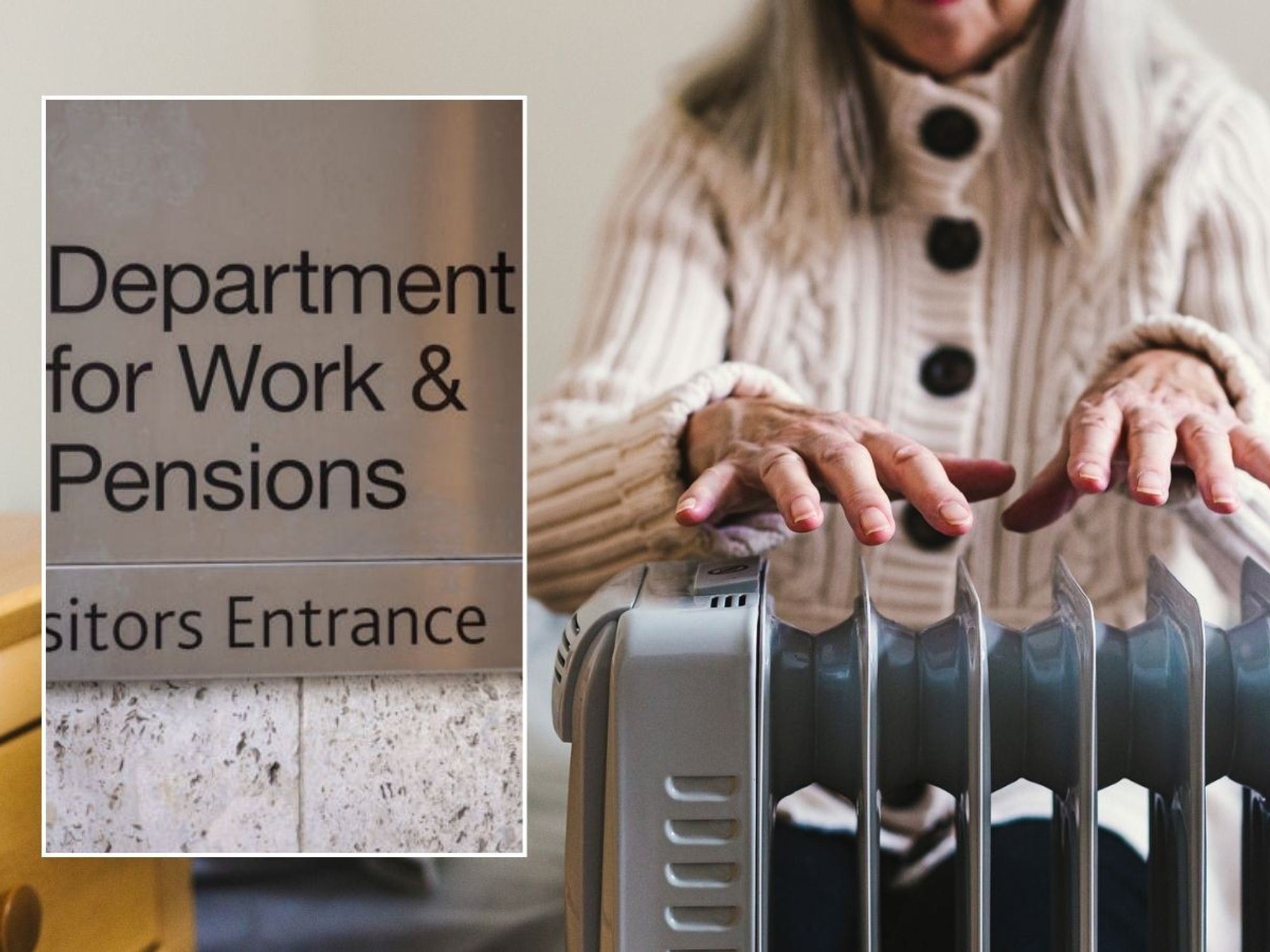 Older woman using radiator and DWP sign