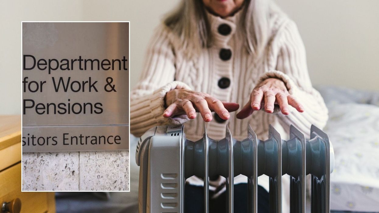 Older woman using radiator and DWP sign