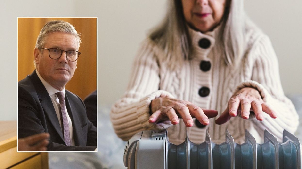 Older woman using radiator and Keir Starmer