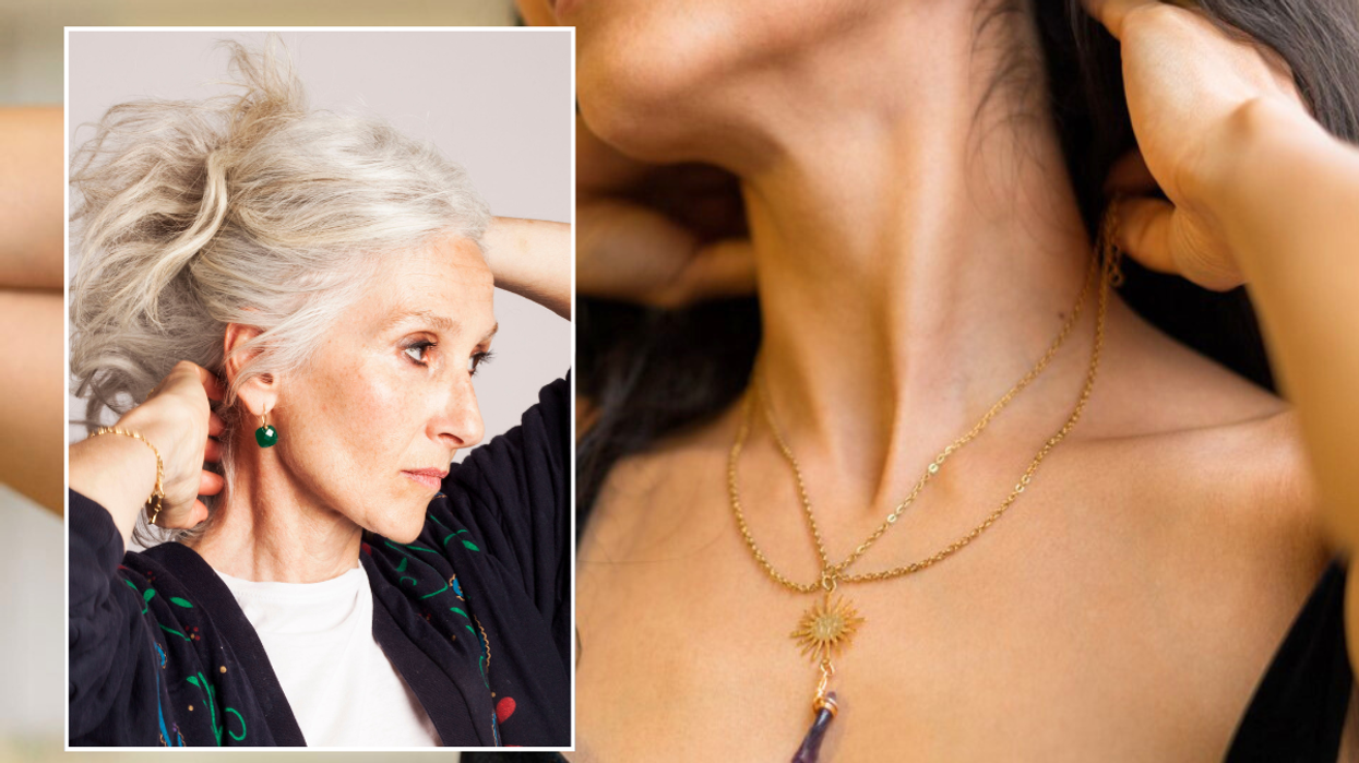 Older woman with green earrings / woman with gold necklace