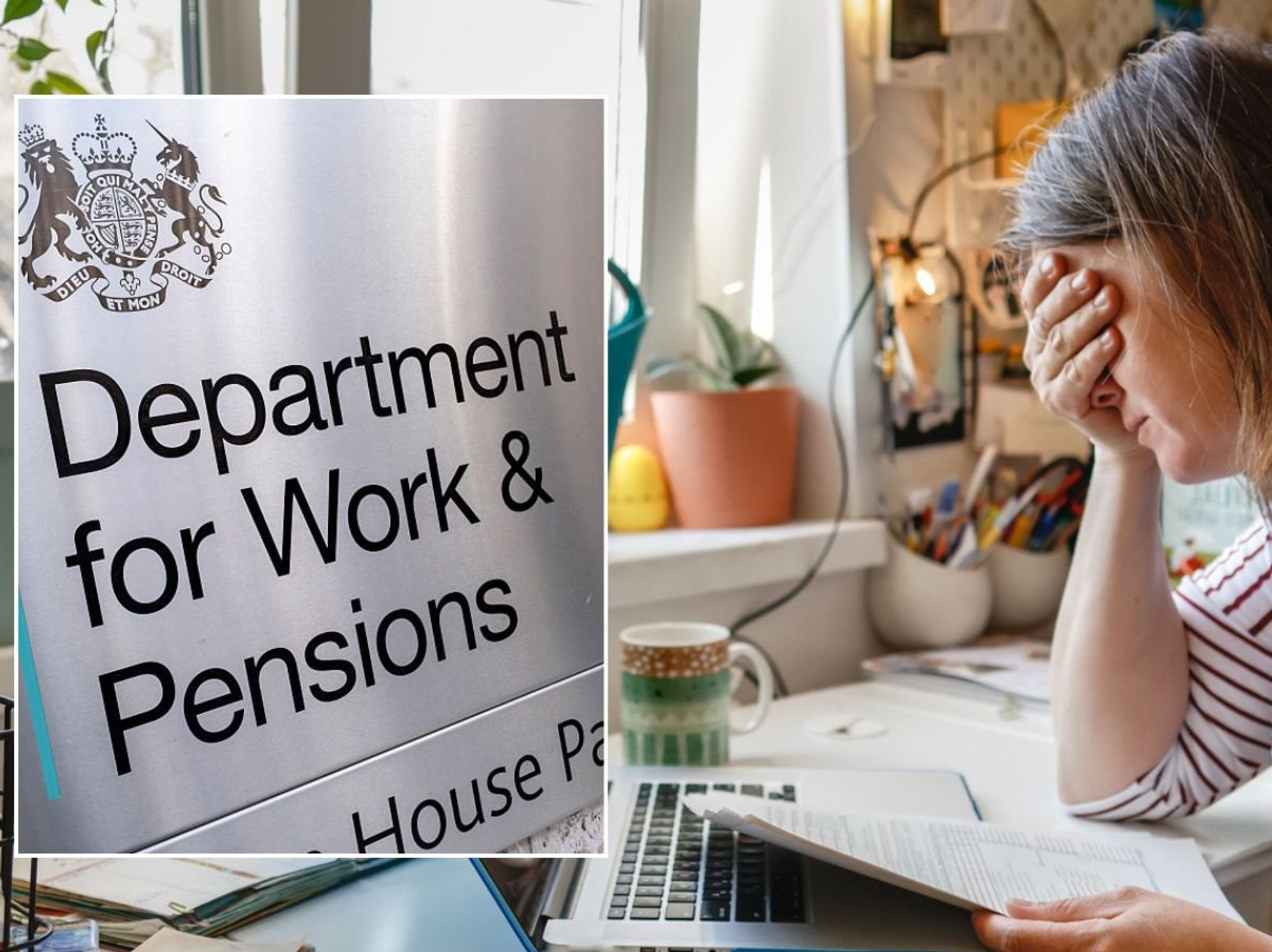 Older woman worried and DWP logo