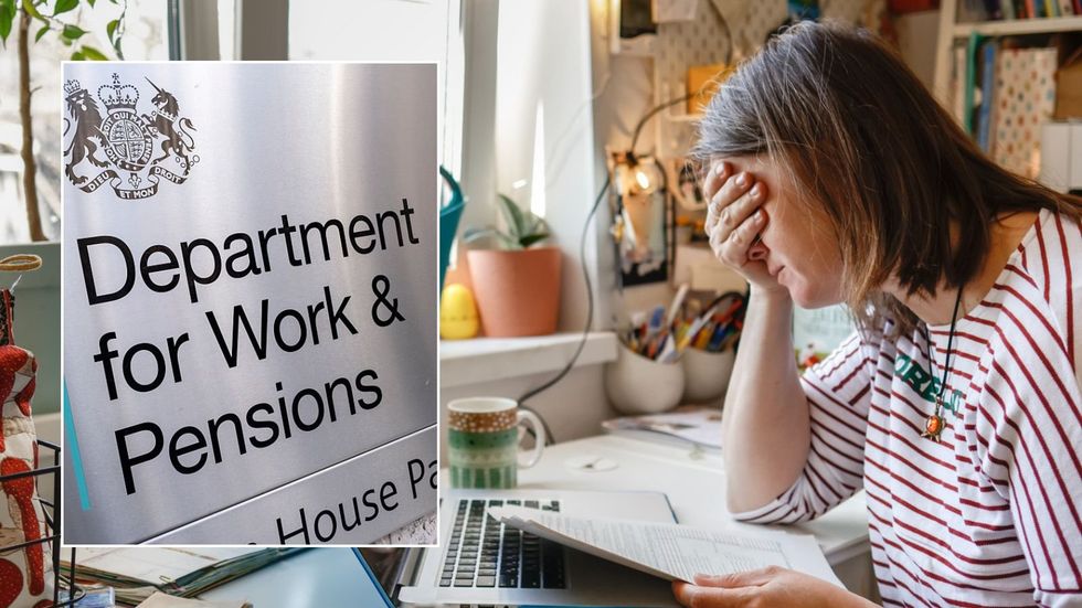Older woman worried and DWP logo