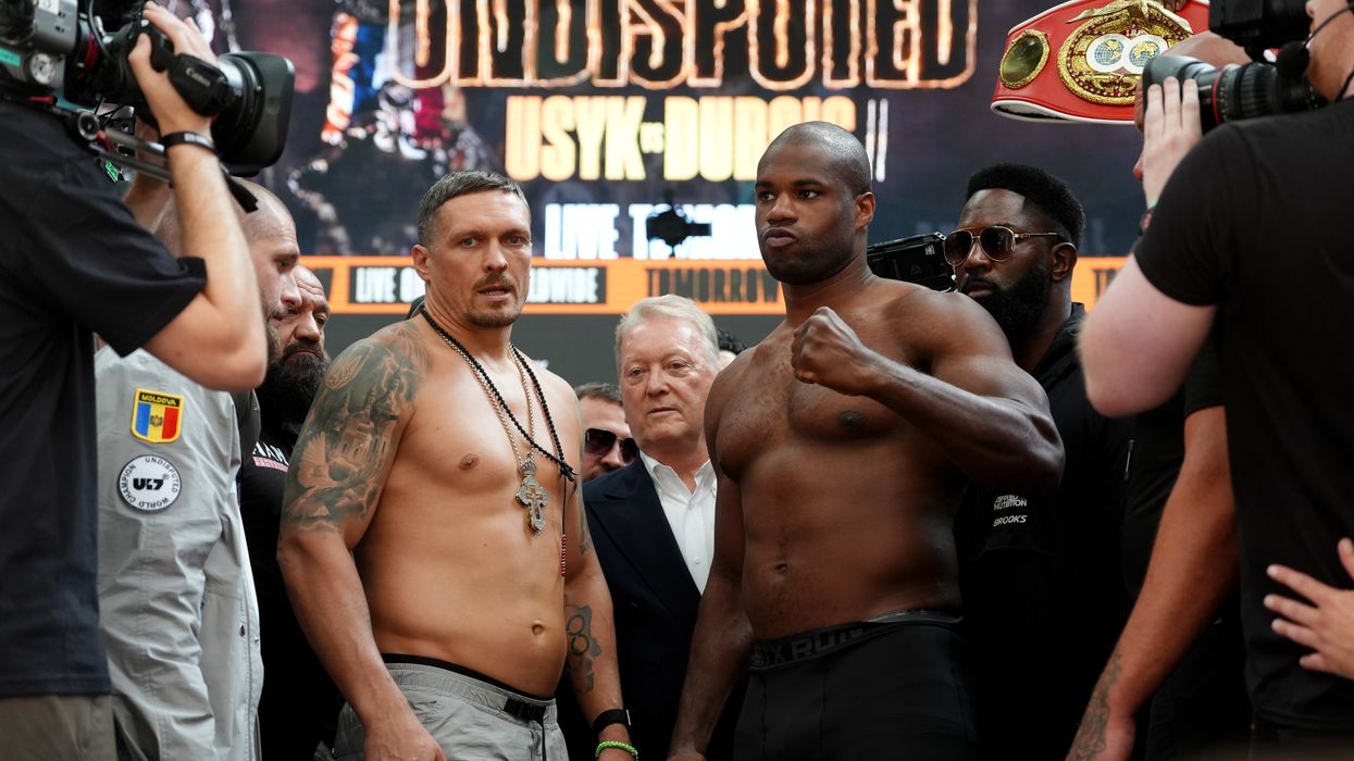 Oleksandr Usyk (left) and Daniel Dubois pictured at the weigh-in at BOXPARK