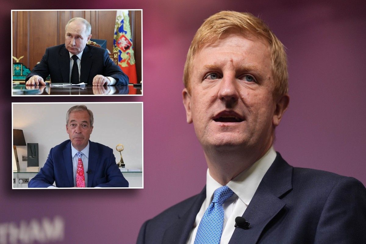Oliver Dowden, Vladiir Putin and Nigel Farage