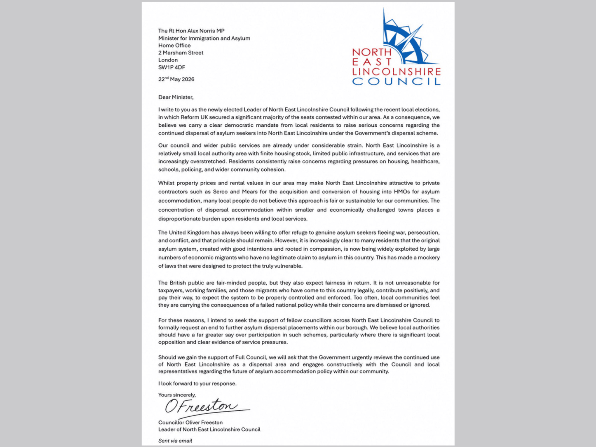 Oliver Freeston letter