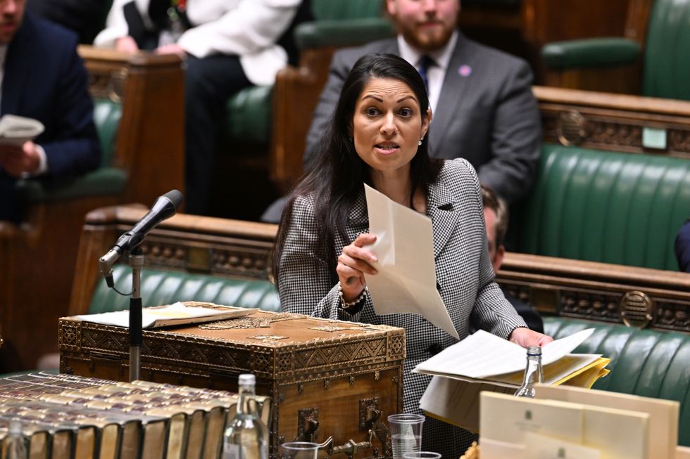 ONE EDITORIAL USE ONLY. NO SALES. NO ARCHIVING. NO ALTERING OR MANIPULATING. NO USE ON SOCIAL MEDIA UNLESS AGREED BY HOC PHOTOGRAPHY SERVICE. MANDATORY CREDIT: UK Parliament/Jessica Taylor Handout photo issued by UK Parliament of the Home Secretary Priti Patel making a statement to MPs in the House of Commons, London, on the Rwanda asylum plan. Picture date: Wednesday June 15, 2022.