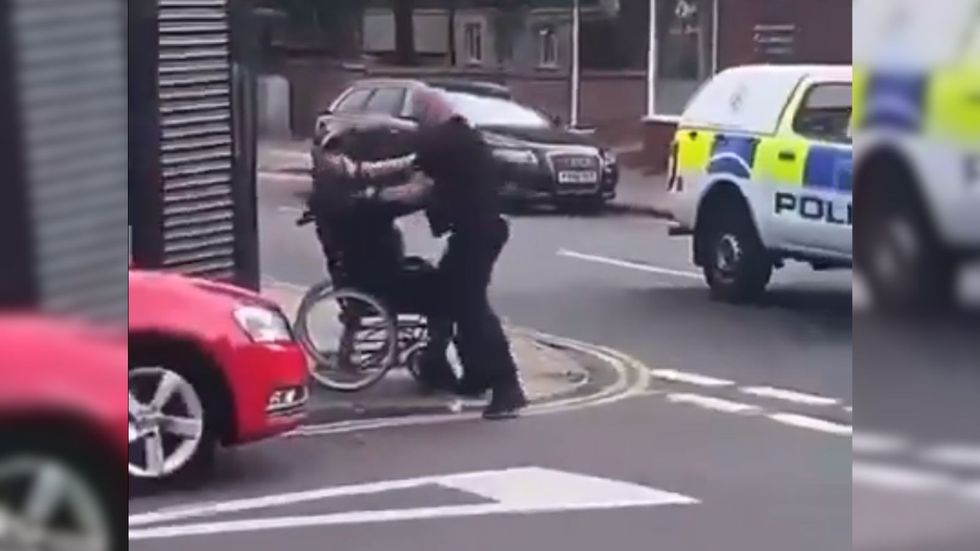One legged man being punched