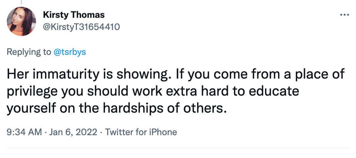 One of many critical comments of Molly Mae Hague's comments on Twitter.