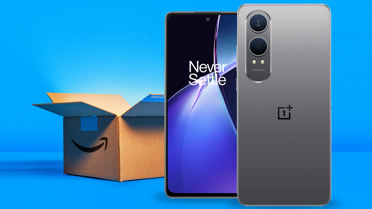 OnePlus Nord CE 4 Lite 5G pictured in Super Silver colourway with an Amazon Prime Day shipping container in the background