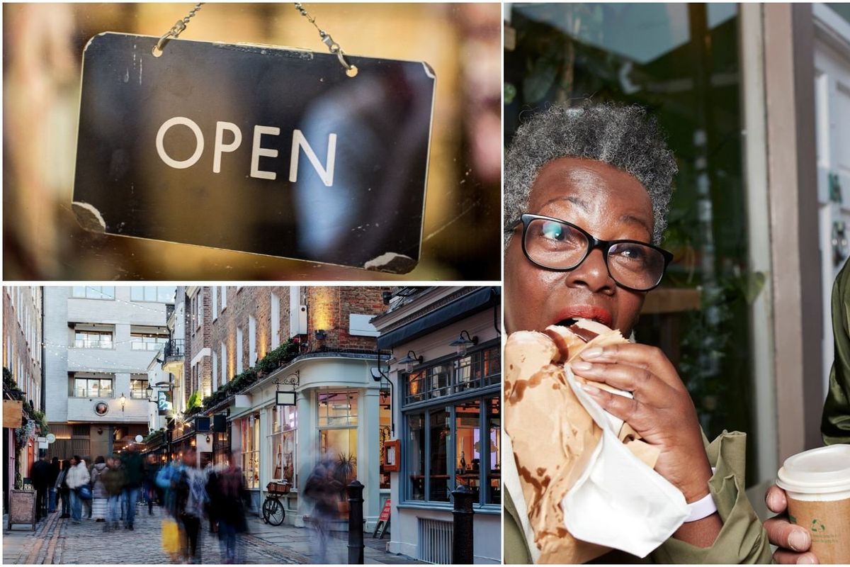 Open sign, UK high street, couple eating baked goods