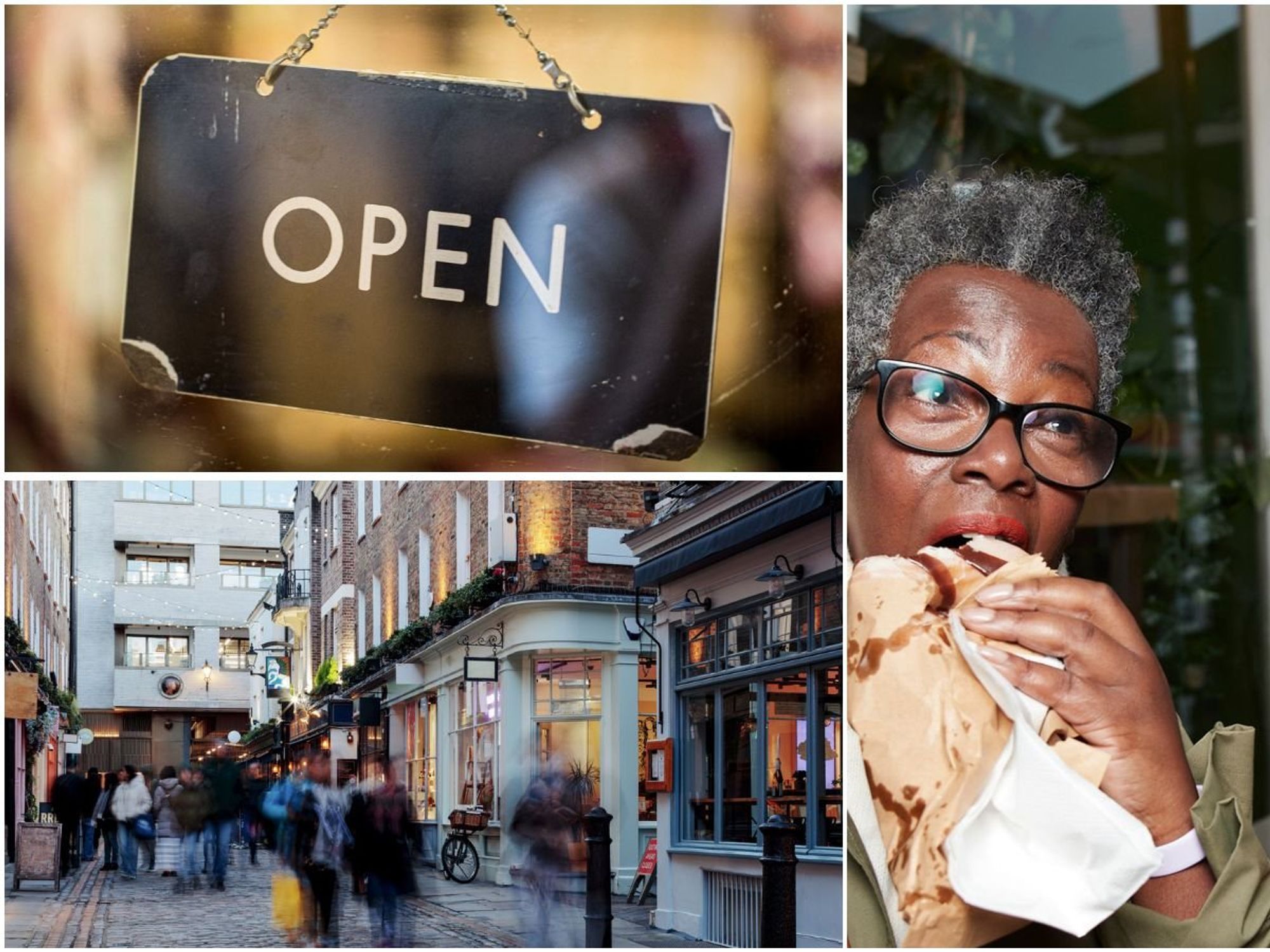 Open sign, UK high street, couple eating baked goods