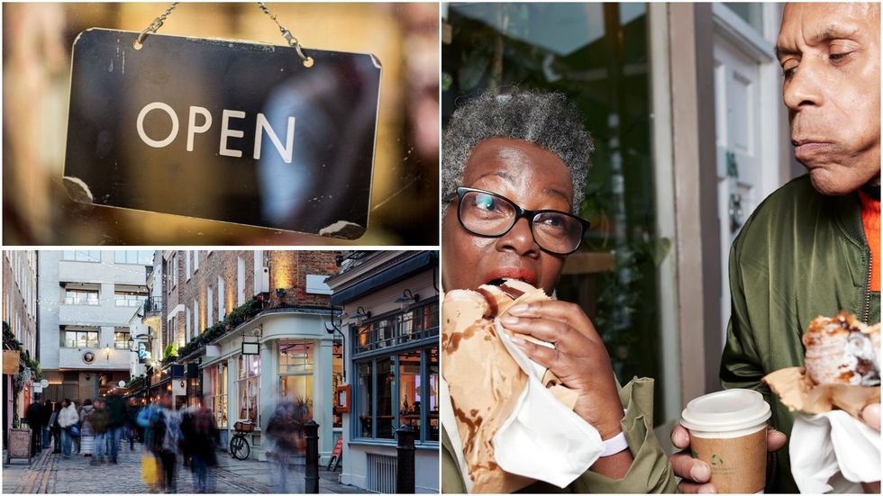 Open sign, UK high street, couple eating baked goods
