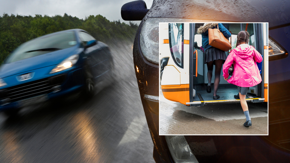 Overtaking vehicle and children getting on bus