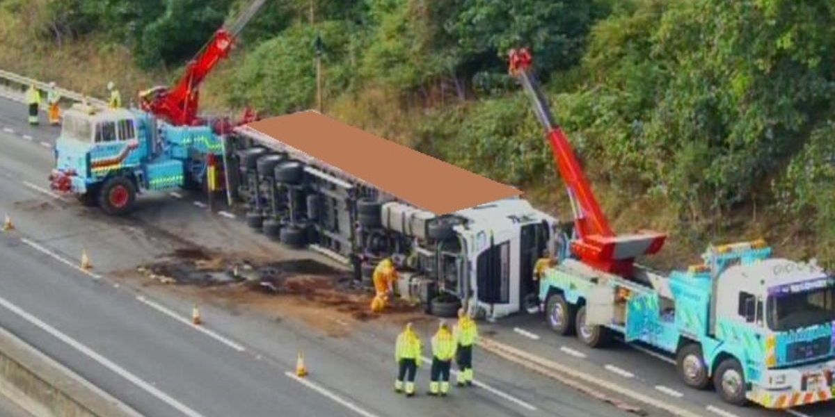NextImg:M1 traffic: Overturned lorry and diesel spill could close motorway all day with long delays near busy airport