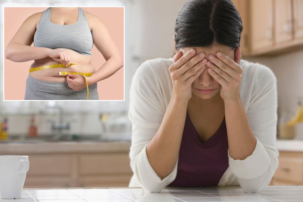 Overweight woman measuring waist / Stressed out