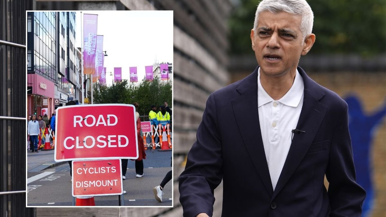Oxford Street road closed sign and London Mayor Sir Sadiq Khan