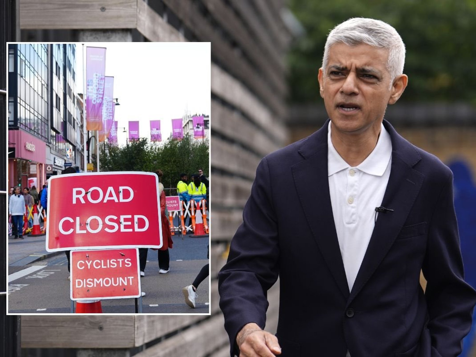 Oxford Street road closed sign and London Mayor Sir Sadiq Khan