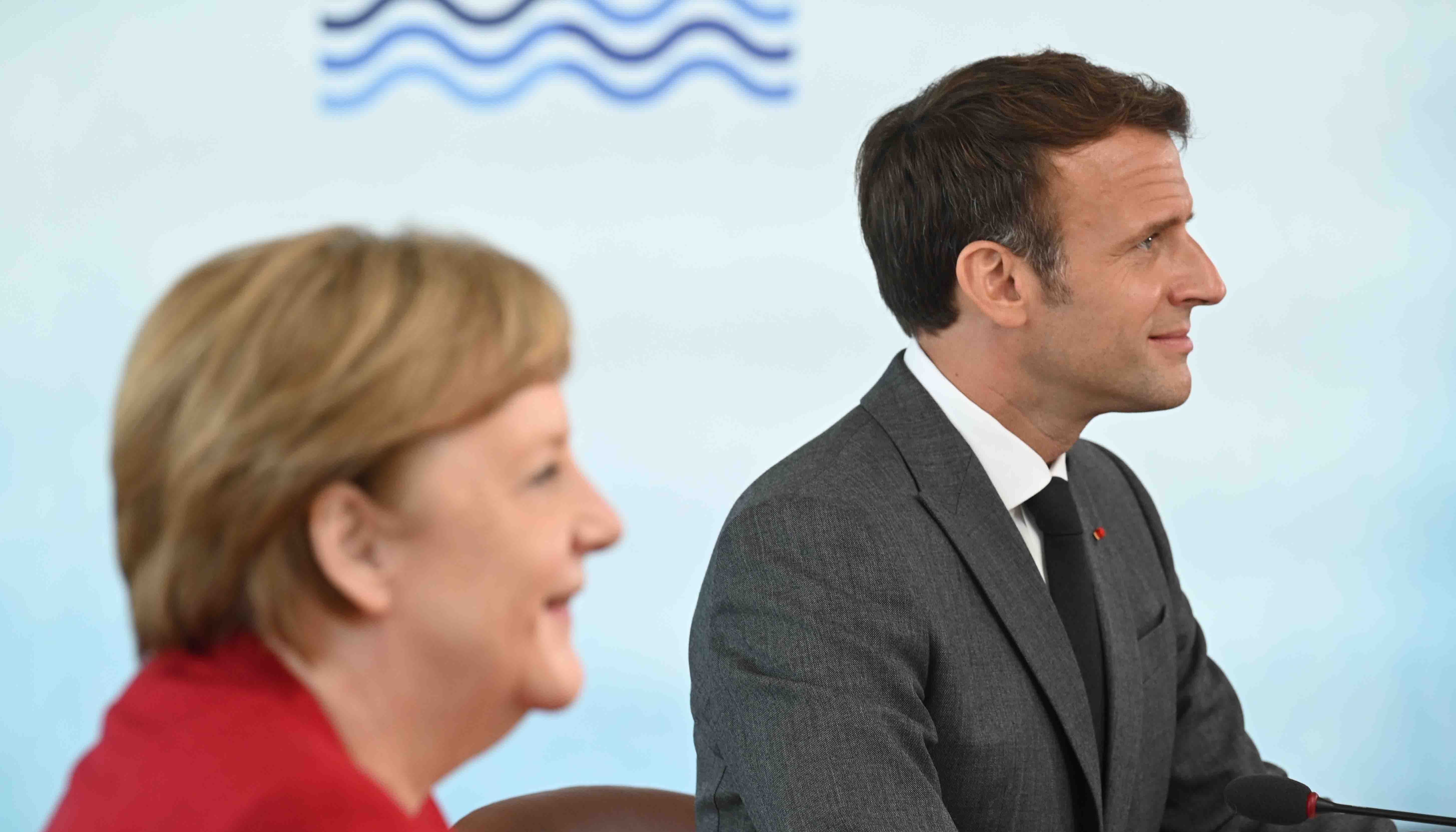 <p>Chancellor of Germany Angela Merkel and President of France Emmanuel Macron at the G7.</p>