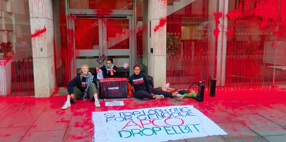 NextImg:Pro-Palestine activists descend on London as vandals target ANOTHER building with red paint amid Israel weapons row