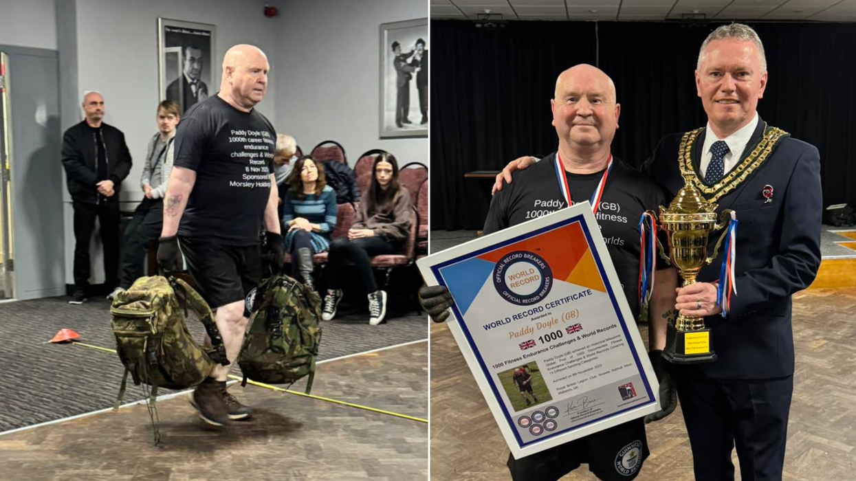 Paddy Doyle undertaking his world record tilt - and posing with his certificate