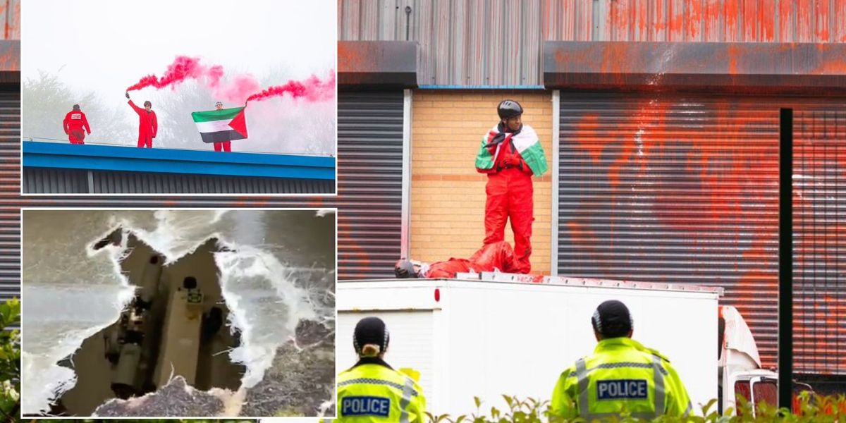 NextImg:Pro-Palestine activists SMASH lorry into Leicester drone factory before protesters scale roof and set off red flares