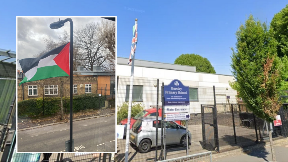 Palestinian flag hung outside the school/Barclay Primary School