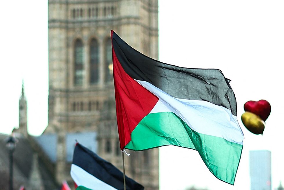 Palestinian flags flying