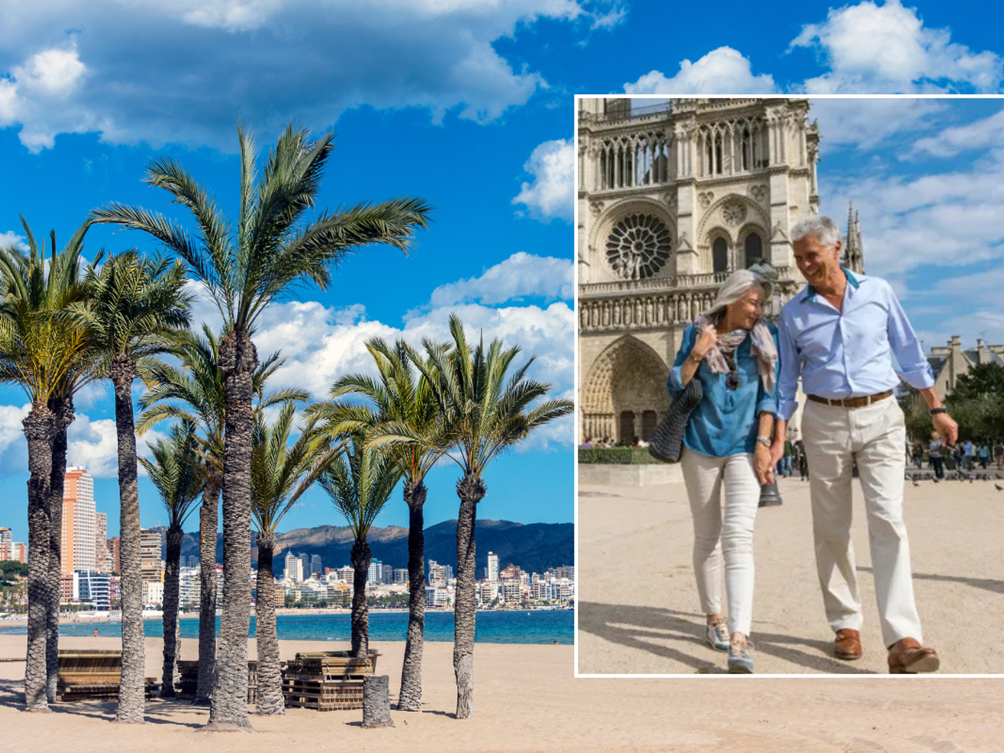 palm trees on beach in Spain / older couple on holiday in Italy