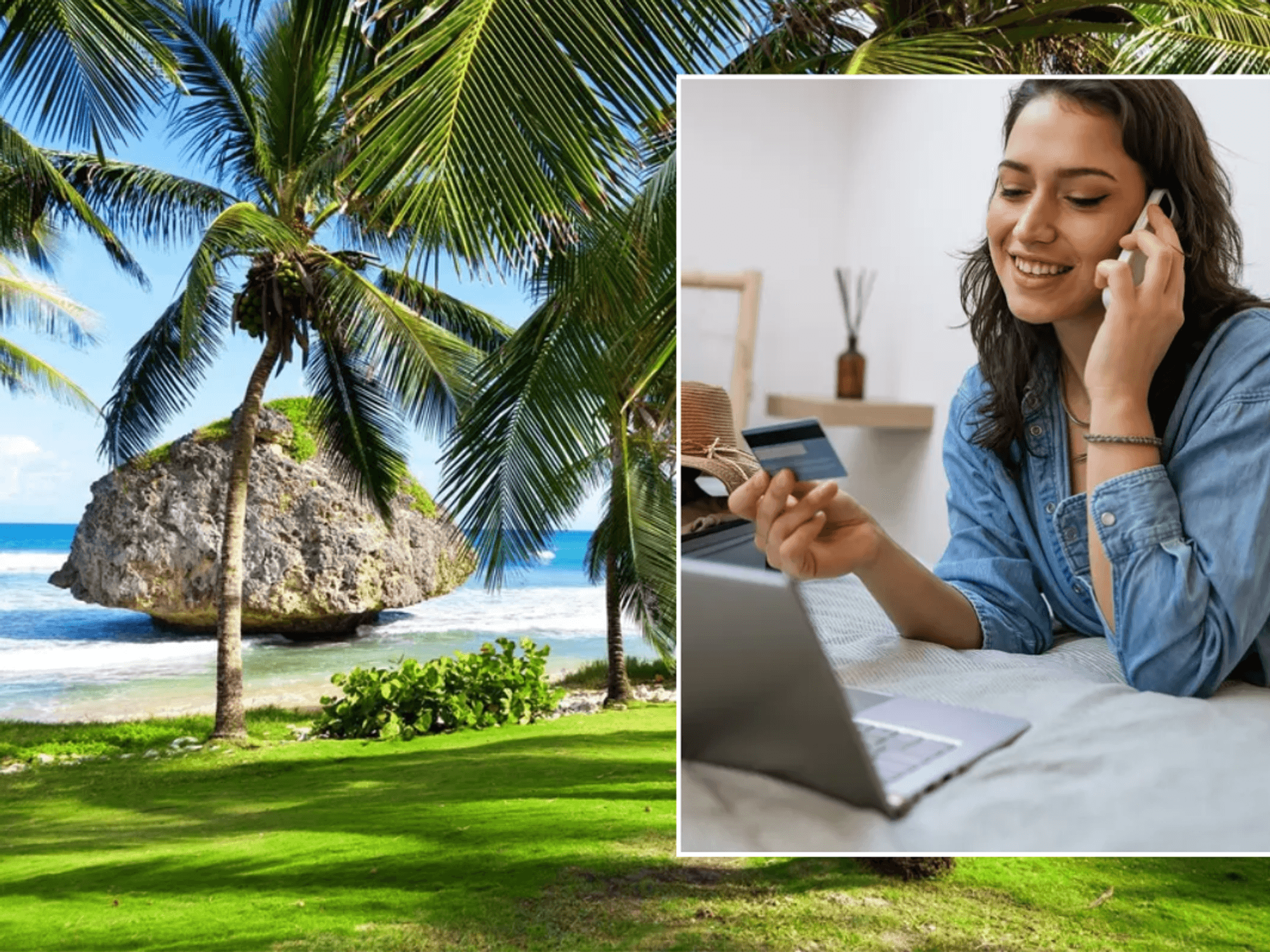 Palm trees on beach/Woman booking holiday on computer